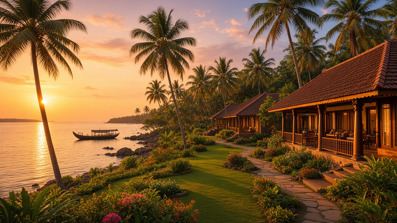 Waterfront recovery resort among palm trees in Kerala